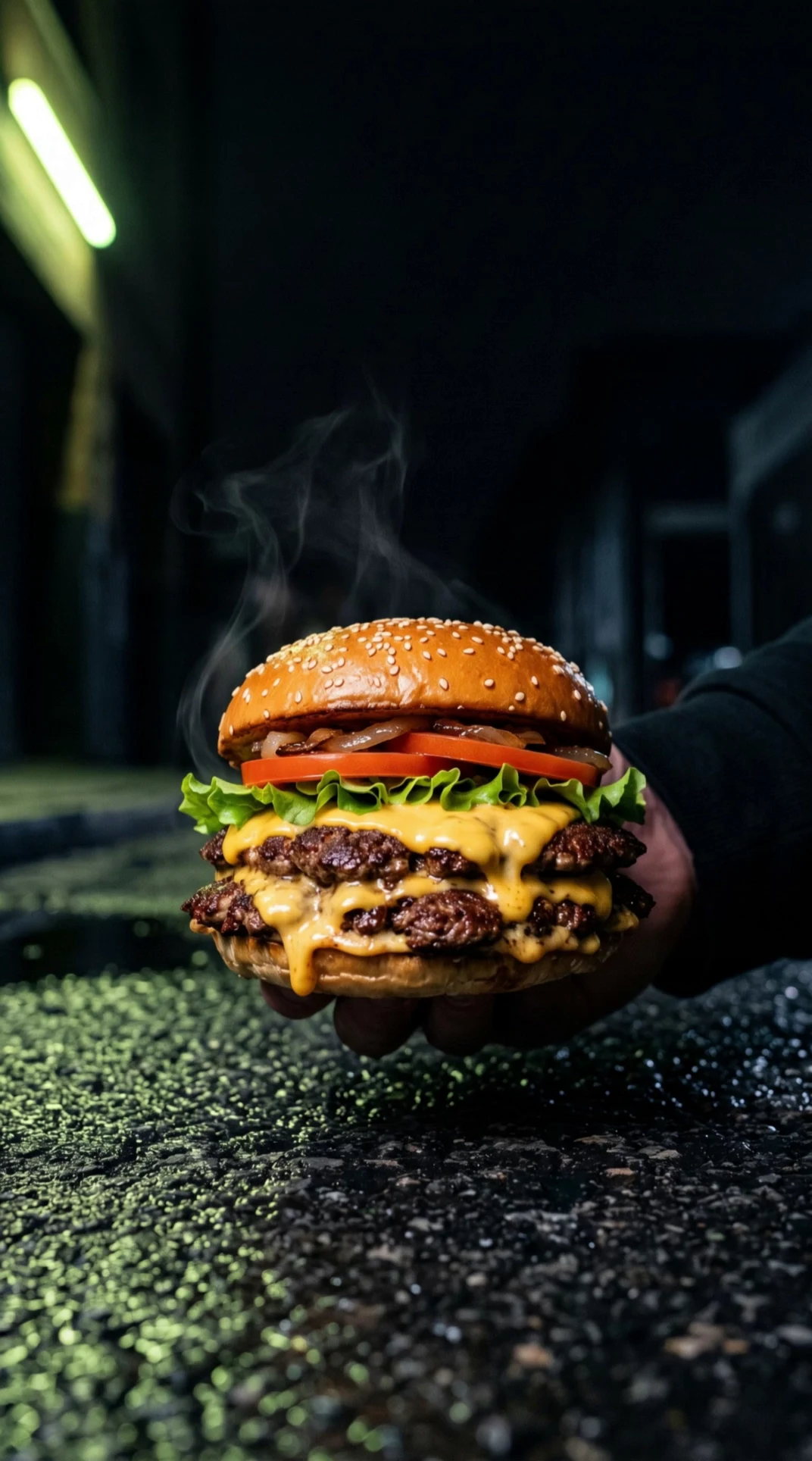Hamburguesa doble de La Cuadra sobre asfalto mojado de noche, con el queso cayendo por el pan y un neón lima iluminando el borde